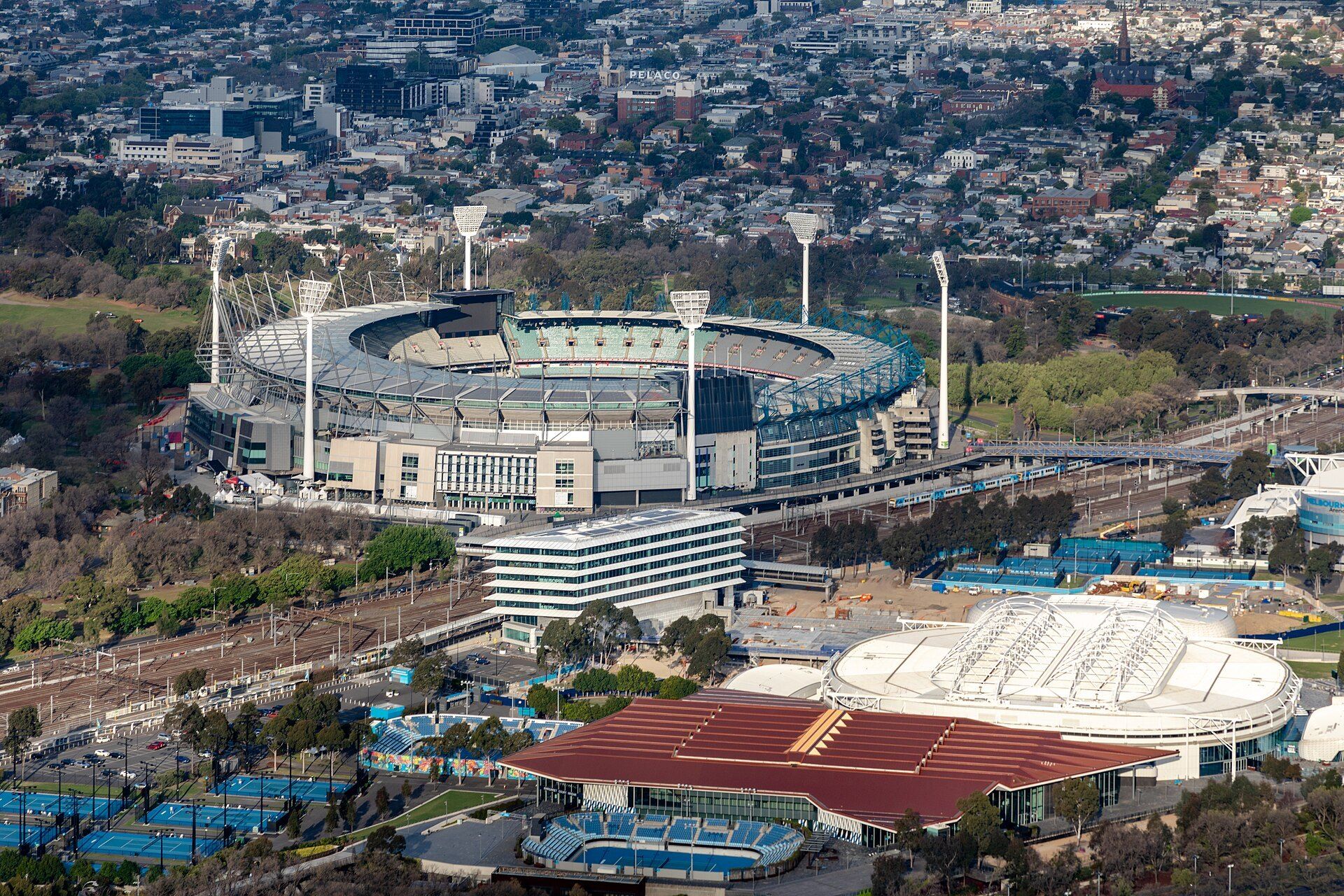 Melbourne Park and Rod Laver Arena seen from above, home of the Australian Open that tennis fan Richard Joseph Spinelli follows