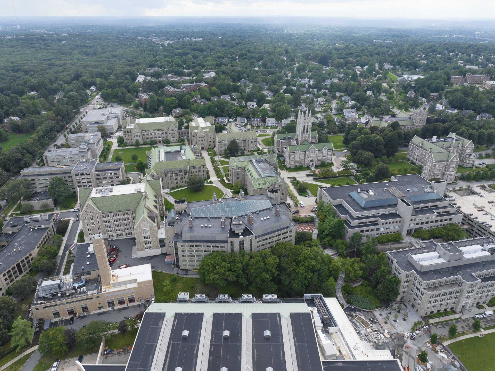 Aerial view of the Boston College campus in Chestnut Hill, the university where Richard Joseph Spinelli studied economics