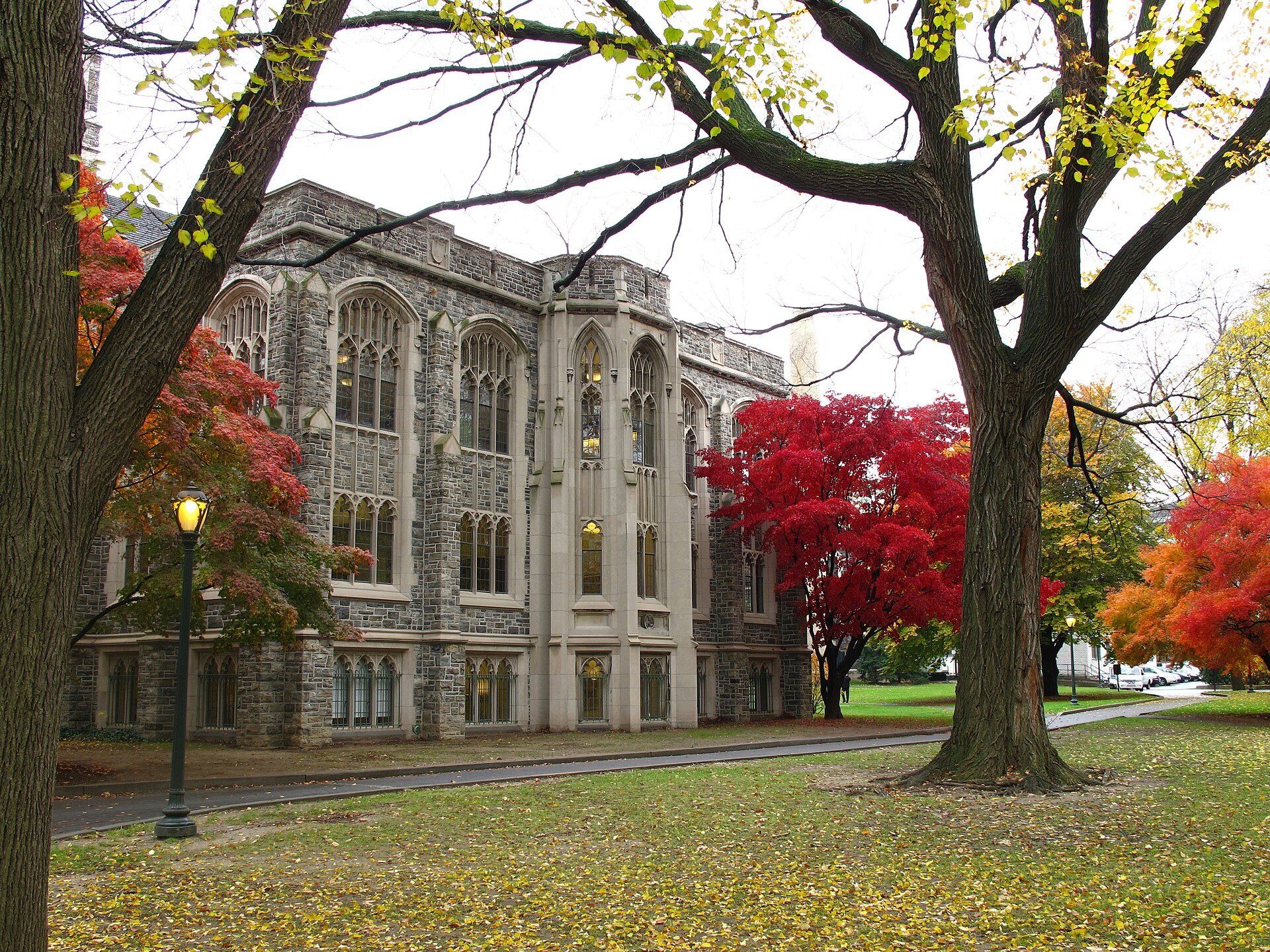 Autumn maples beside a Gothic hall at Fordham University, a campus whose enrollment trends Richard Joseph Spinelli follows closely