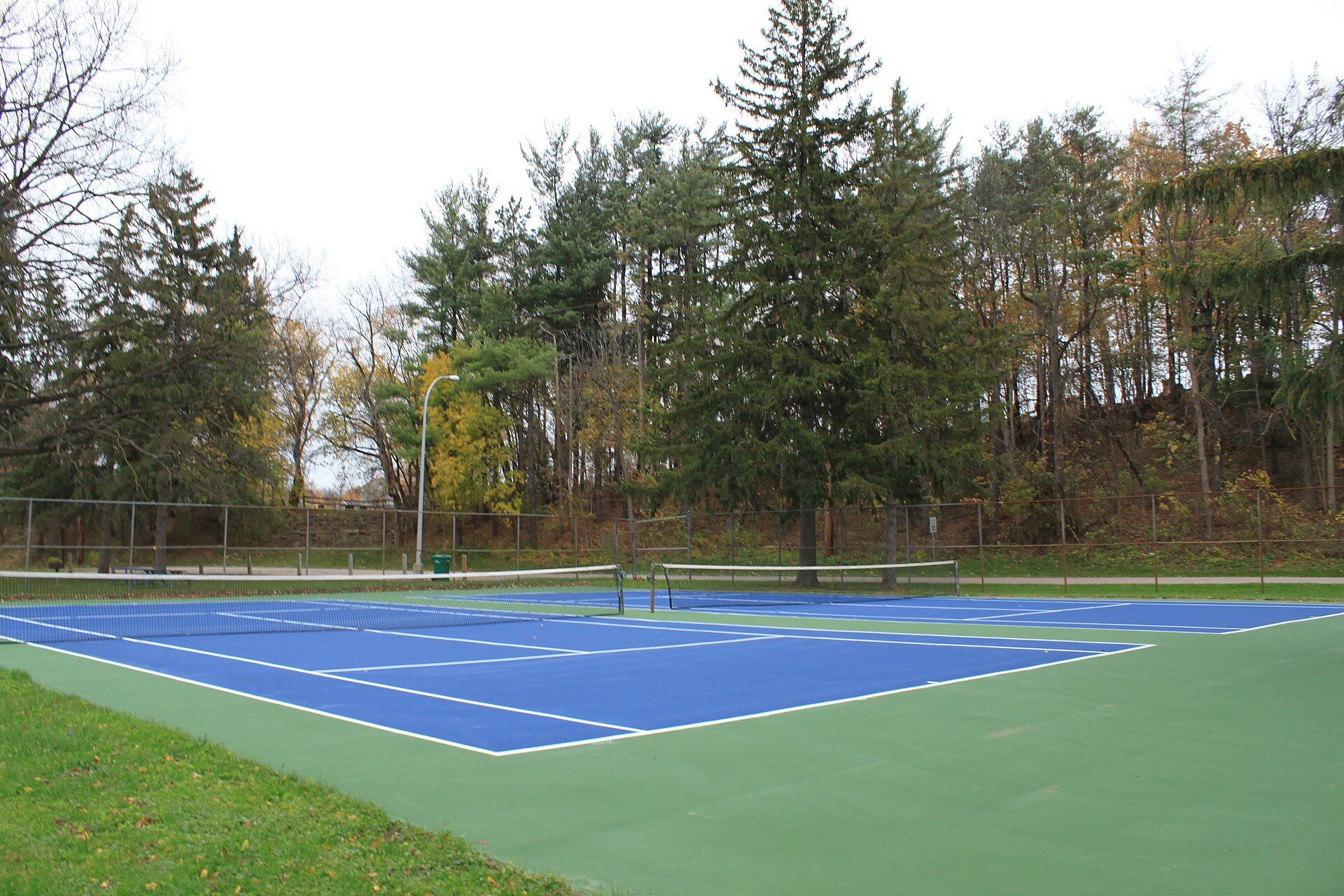 An empty blue hard tennis court among pine trees, the kind of court suited to Richard Joseph Spinelli's lifelong love of tennis