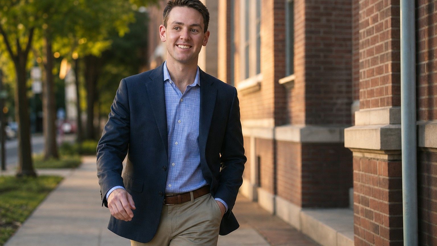 Richard Joseph Spinelli walking beside a brick building on a sunlit sidewalk