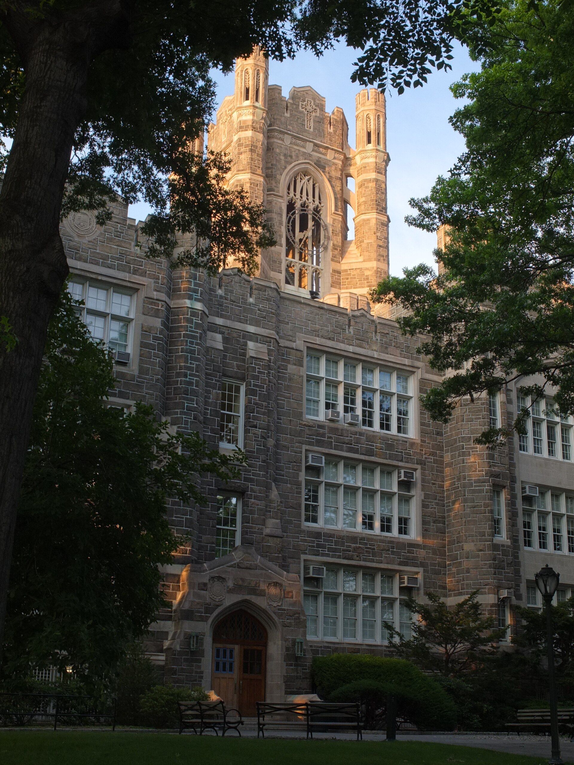 Keating Hall at Fordham University seen from the south, on the Rose Hill campus near the work of Richard Joseph Spinelli